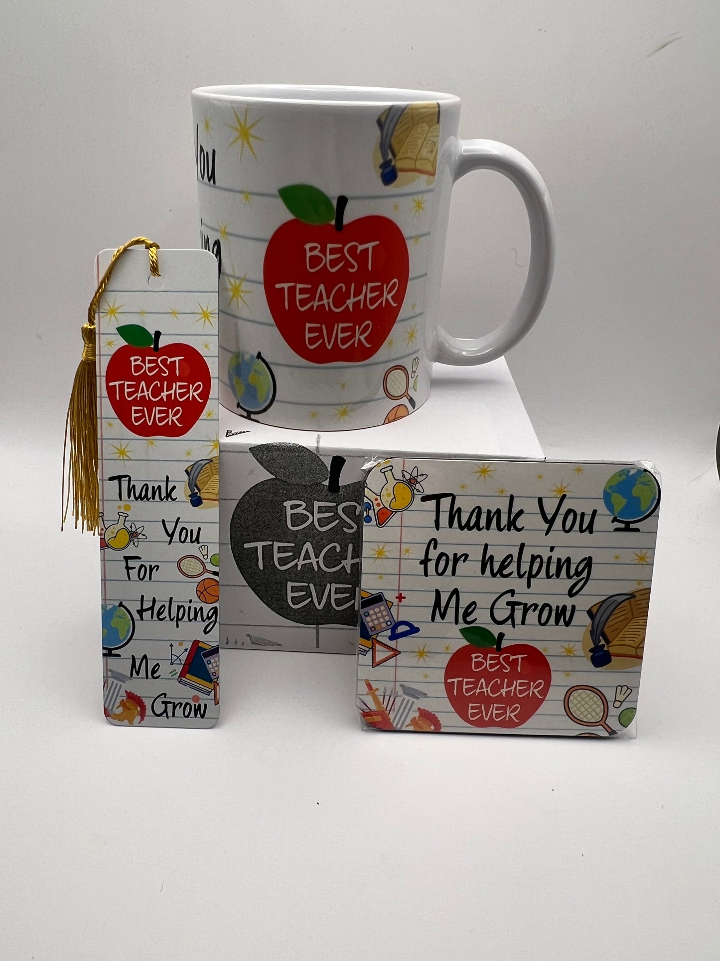Best Teacher Ever Gift Set | Mug, Coaster & Metal Bookmark | Thank You Teacher Gift