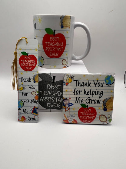 Best Teaching Assistant Ever Gift Set | Mug, Coaster & Bookmark | Thank You Teaching Assistant Gift