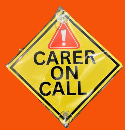 Yellow aluminium car window sign labeled 'Carer on Call' with warning symbol. Durable and visible decal for professional drivers and caregivers.