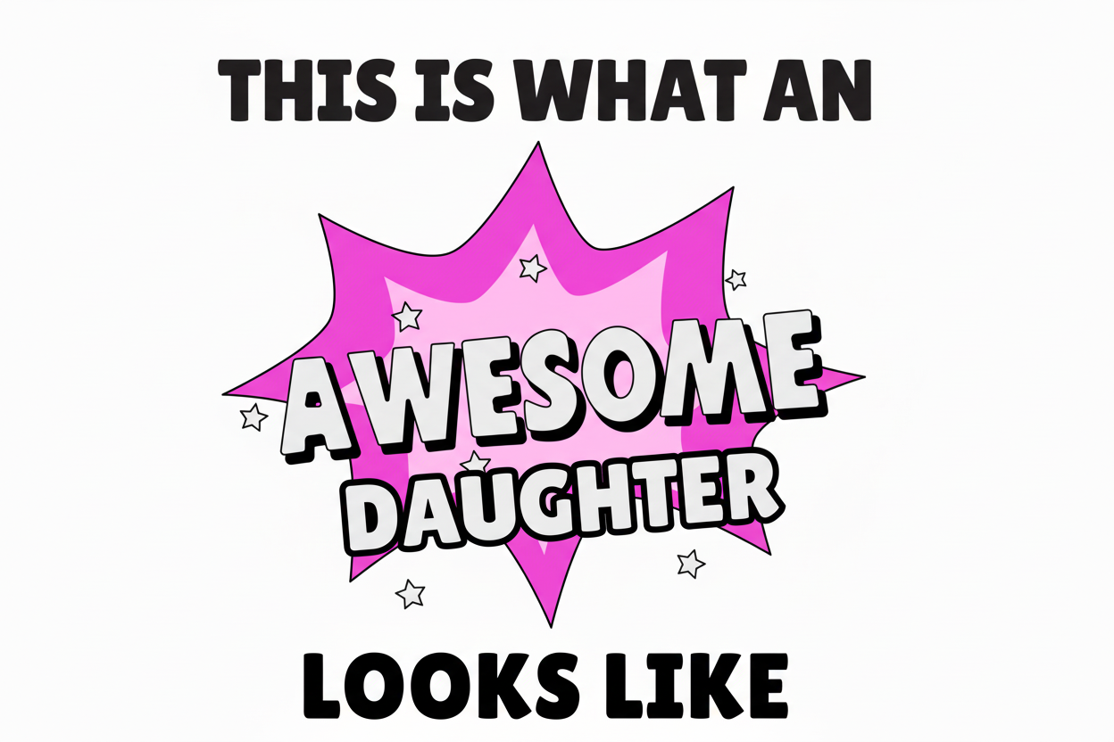 Awesome Daughter Mug Gift with bold pink comic-style design and text 'This is what an awesome daughter looks like'. Ideal 11oz ceramic mug.