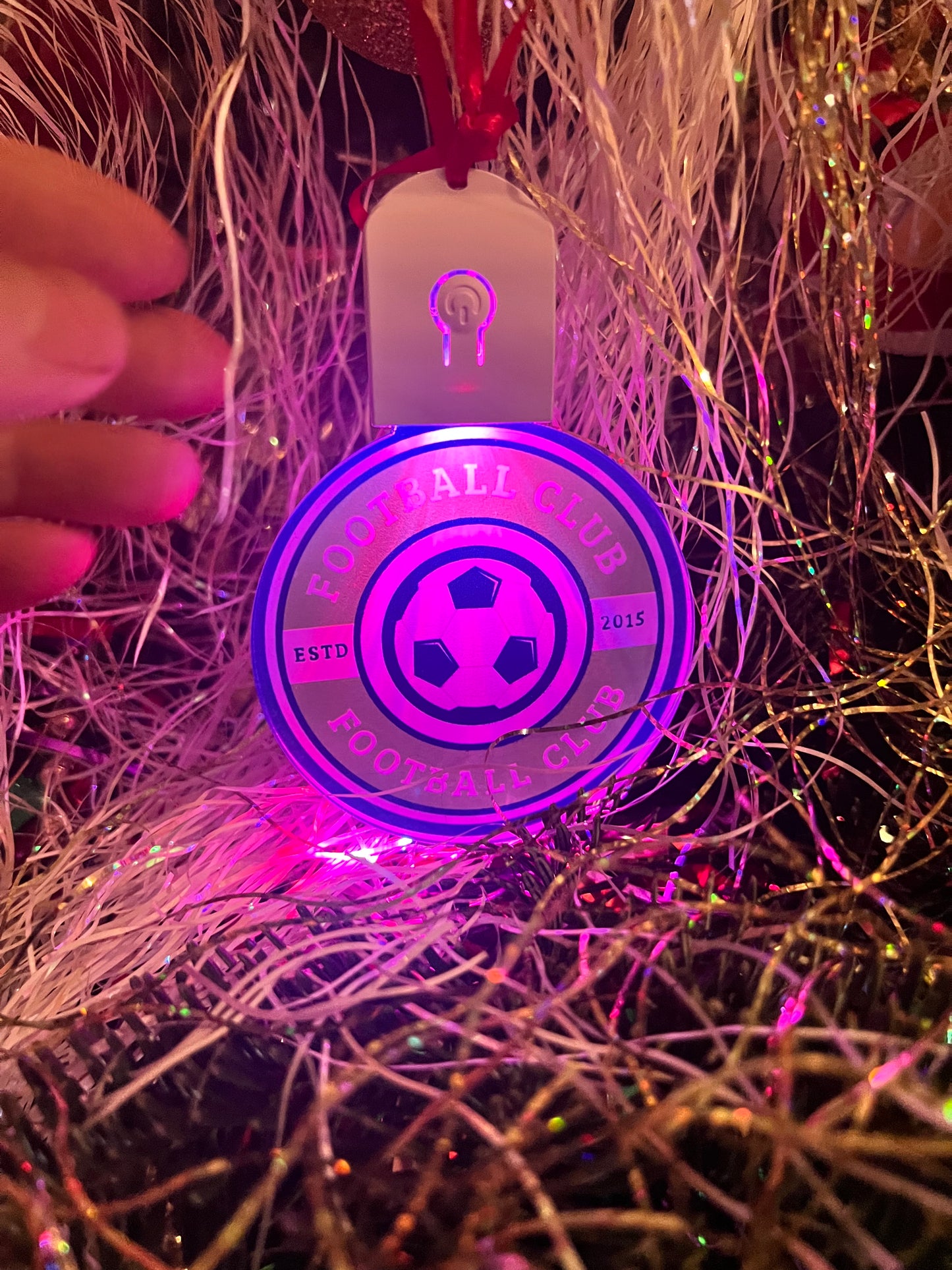 Light-Up Personalised Club Badge Acrylic Bauble – 70mm (Multi-Colour LED)