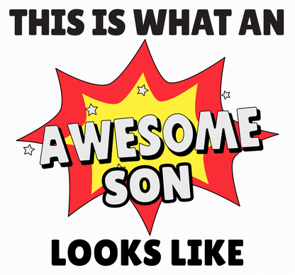 Awesome Son Mug Gift with comic-style red and yellow burst and bold text, ideal for birthdays and special occasions. Durable 11oz drinkware for sons.