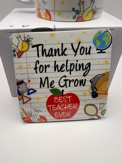 Best Teacher Ever Gift Set | Mug, Coaster & Metal Bookmark | Thank You Teacher Gift