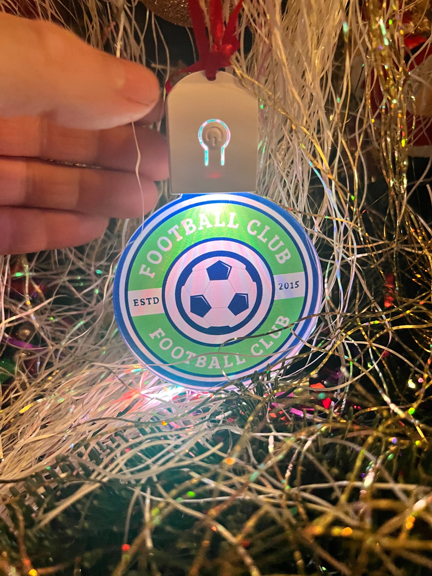 Light-Up Personalised Club Badge Acrylic Bauble – 70mm (Multi-Colour LED)