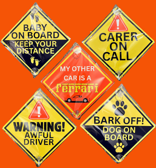 Set of aluminium car window signs for drivers with bold messages like 'Baby on Board' and 'Awful Driver'. Durable and customizable vehicle decals.