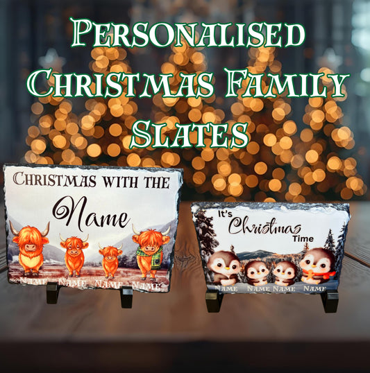 Personalised Christmas Family Slates - Highland Cow, Penguin or Gonk