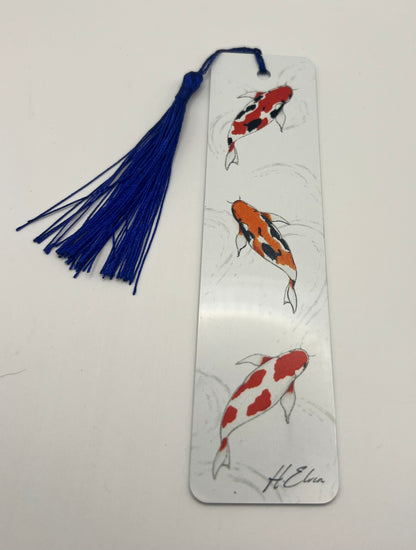 Hand Drawn Koi Fish Metal Bookmark | Aluminium Bookmark with Tassel