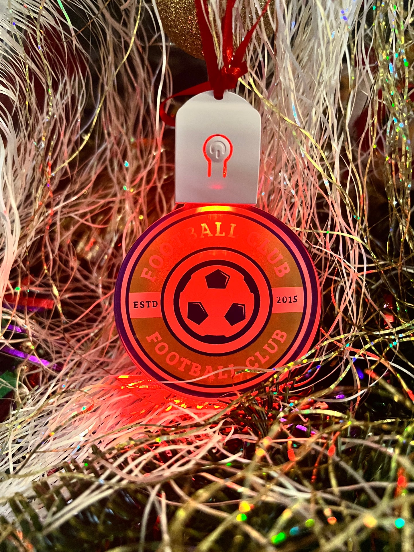 Light-Up Personalised Club Badge Acrylic Bauble – 70mm (Multi-Colour LED)