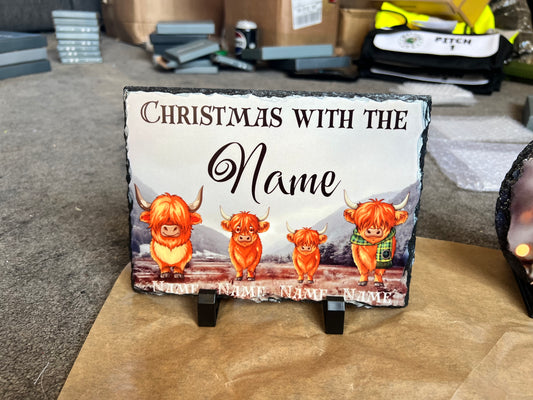 Personalised Christmas Family Slates - Highland Cow, Penguin or Gonk