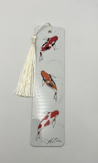 Hand Drawn Koi Fish Metal Bookmark | Aluminium Bookmark with Tassel