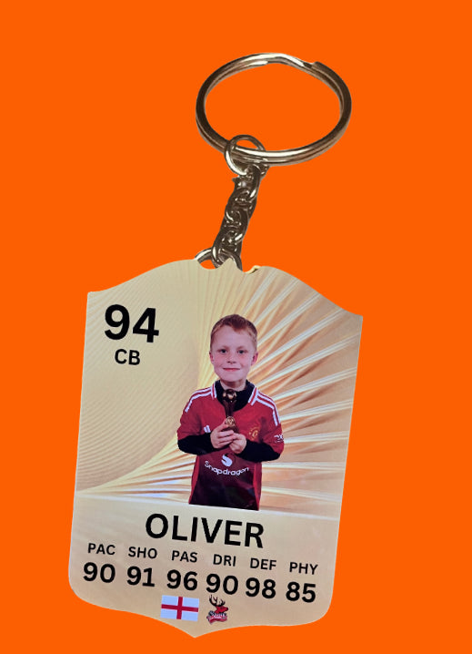 Personalised Metal Football Keyring – FC 26 Ultimate Team Card Style Shield, Custom image, name & Stats
